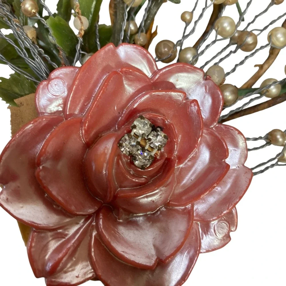 VTG Floral Arrangement Roses Pearl‎ Beads Decorative Bouquet Display Handcrafted